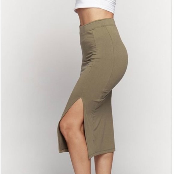 Heart & Hips Olive Fitted Bodycon Knit High Waist Pencil Side Slit Midi Skirt - Picture 5 of 5